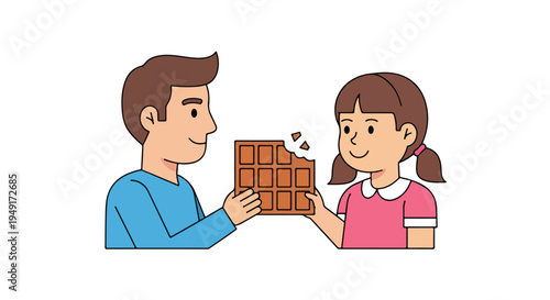 A man and a girl exchanging chocolate bars with a joyful expression in a colorful flat illustration style against a clean white background.