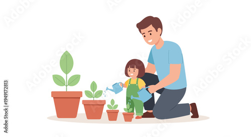 A man kneels beside a child as they water potted plants with a blue watering can on a plain background with a playful mood.