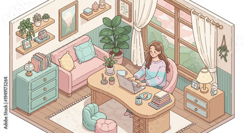 Productive Remote Work Culture Concept Featuring a Focused Professional in a Serene Kawaii-Style Isometric Home Office for Modern Gen Z and Millennial Lifestyle Marketing Campaigns