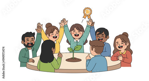 Diverse Corporate Team Celebrating Sustainable Business Growth and ESG Milestones in Flat Kawaii Style