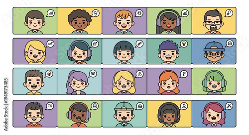 Inclusive Remote Team Global Collaboration Grid in Modern Kawaii Style for B2B Software and Employee Engagement Marketing Campaigns