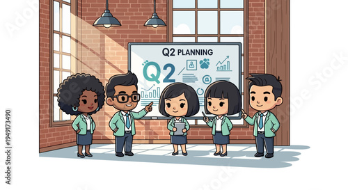 Diverse creative agency team collaborating on strategic Q2 goals and quarterly planning in a modern loft office environment