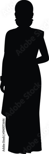 Silhouette of an elegant Bengali woman standing confidently wearing a traditional ethnic saree for cultural fashion and beauty concepts of modern Asian lifestyle.