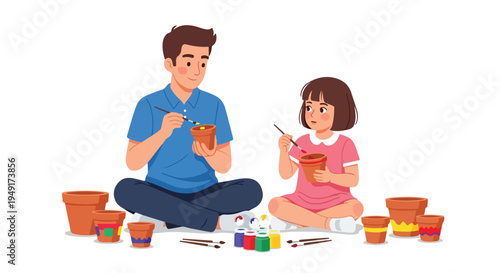 A man and a girl sitting cross-legged on the floor, painting terracotta pots with various art supplies around them on a plain white background.