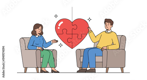 Illustration of a man and woman sitting in armchairs, holding a heart-shaped jigsaw puzzle piece, on a white background with a symbolic mood.