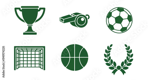 A collection of green sports icons including a trophy, whistle, soccer ball, goal net, basketball, and laurel wreath on a white background with a flat lay composition.