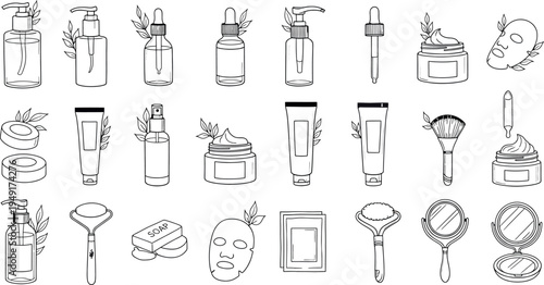 Collection of various beauty and skincare product icons isolated on transparent background
