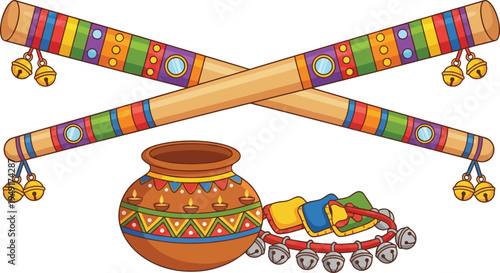 Traditional Indian musical instruments with colorful dandiya sticks decorated earthen pot and ghungroo bells for celebrating navratri garba dance festival events.