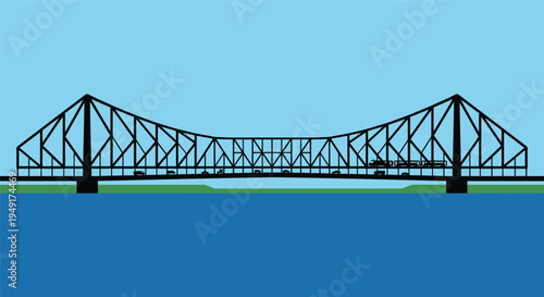 Famous Howrah bridge architecture over the hooghly river in kolkata india displaying heavy steel structures for transportation and city infrastructure development.