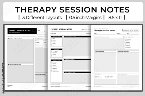 Clinical Therapy Session Notes vector template for mental health professionals with narrative points and treatment plan layouts.