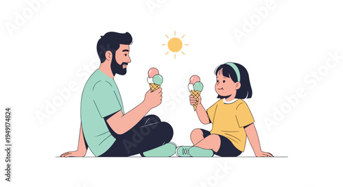 A man and a little girl sitting on the ground eating ice cream cones on a sunny day with a simple white background.