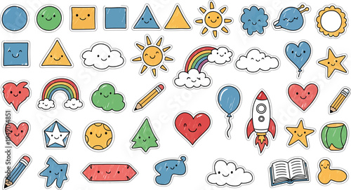 Colorful cartoon stickers isolated on transparent background