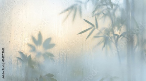 Soft Morning Light Filters Through Foggy Glass with Delicate Leaves in the Background