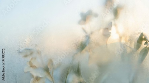 Soft Floral Silhouettes Behind Frosted Glass with Gentle Morning Light and Dew Drops