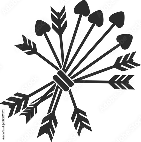 Black silhouette illustration of eight arrows tied together in radial pattern, symbolizing unity, strength, teamwork, resilience, and collective power, ideal for emblems and design references.
