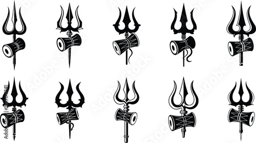Collection of ten stylized trishula trident with damaru drum illustrations, symbolic Hindu iconography of Lord Shiva, perfect for cultural, religious, spiritual, and artistic design references.