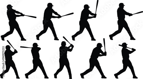 Black silhouette illustration set of baseball player performing batting swing sequence, showing motion stages from preparation to follow-through,