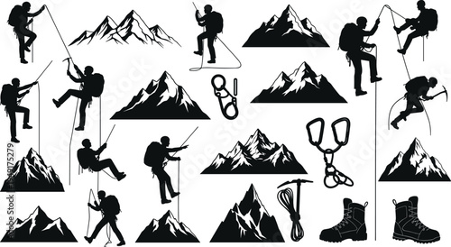 Black silhouette collage of mountain climbers, peaks, ropes, carabiners, ice axe, and boots, symbolizing adventure, mountaineering, outdoor exploration, safety equipment, and extreme sports lifestyle.
