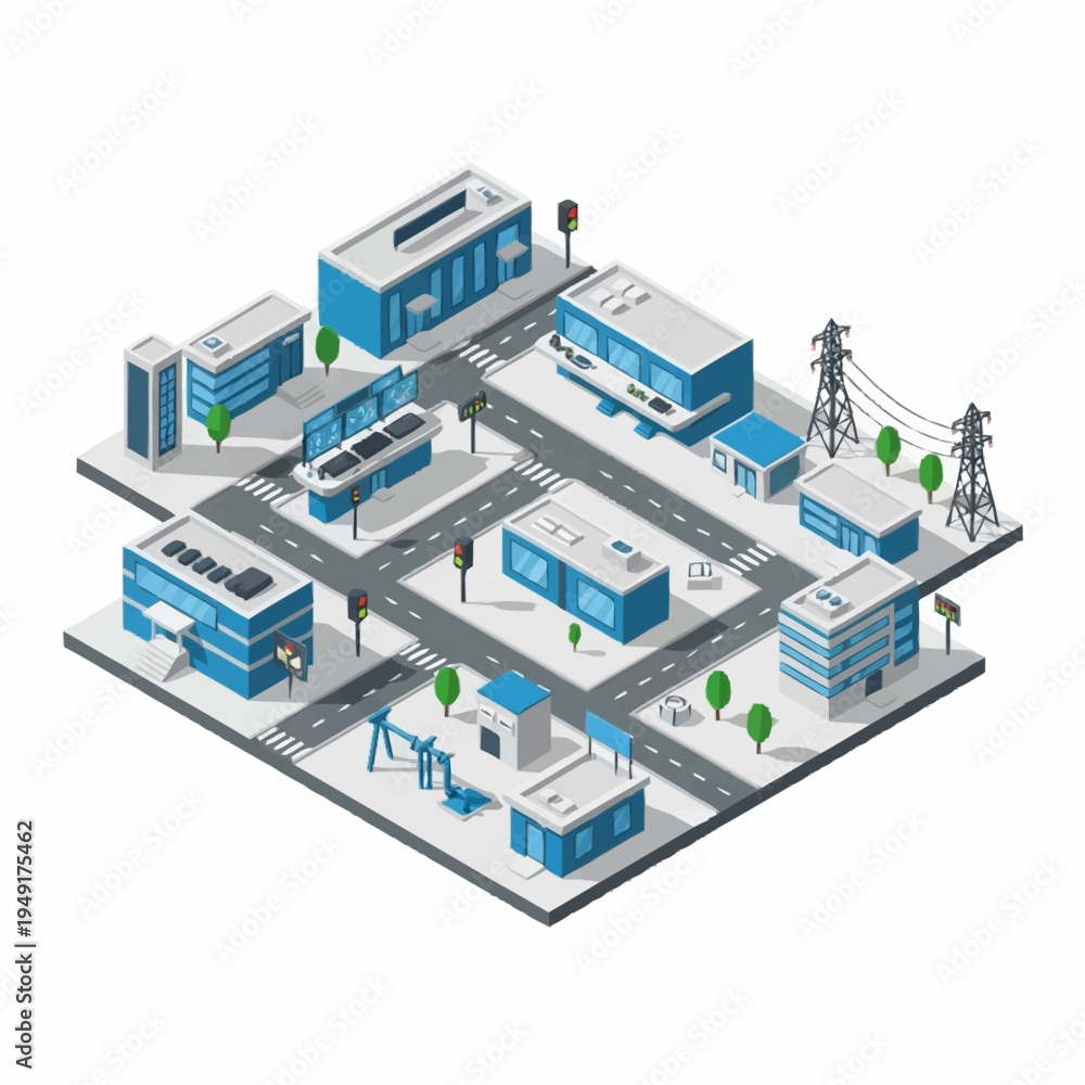 Obraz premium Isometric city map with modern buildings and infrastructure.