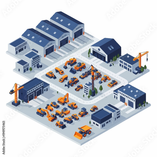 Isometric construction site with various heavy machinery and industrial buildings.
