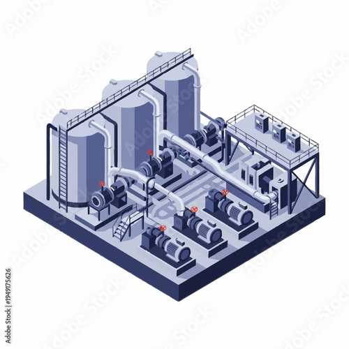 Isometric Industrial Plant with Storage Tanks and Pumping System.