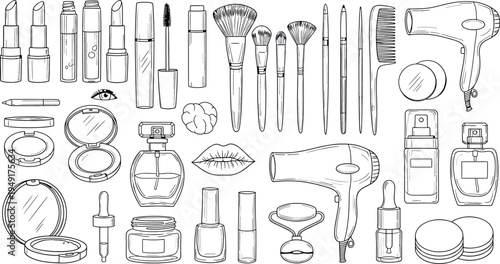 Collection of assorted beauty and makeup products isolated on transparent background