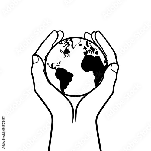 Minimalist line art of hands holding the world globe, global ecology and sustainability concept.