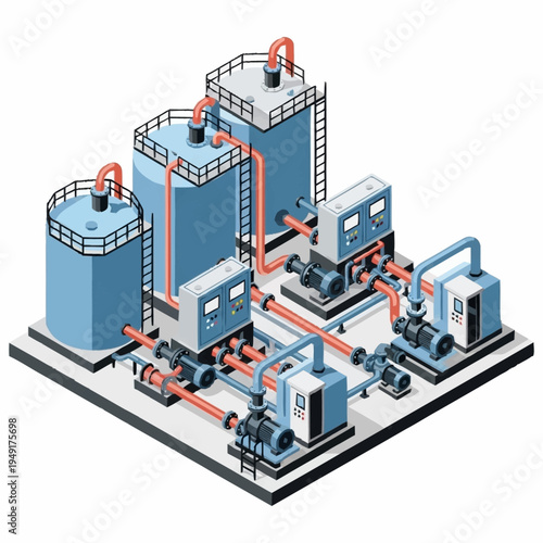 Isometric Industrial Water Treatment Plant with Tanks and Pumps.