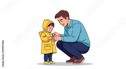 A man in a blue shirt crouches down to help a young child in a yellow raincoat with a hood on a plain white background.