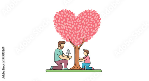 Illustration of a man and a child planting a tree with a heart-shaped pink leafy crown on green grass against a white background.