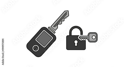 Car Key and Lock with Keychain.