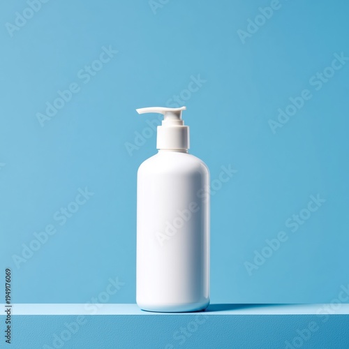 White Bottle With Pump Standing on Blue Surface Against Blue Background