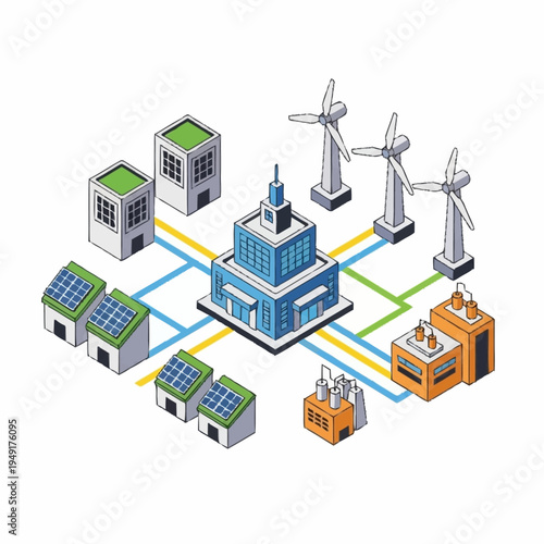 Isometric Smart Grid Network with Renewable Energy Sources and Buildings.