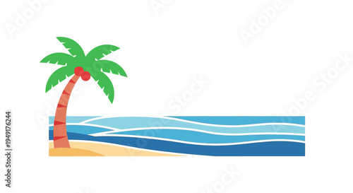 Serene tropical beach with palm tree in vibrant colorful illustration for travel brochure