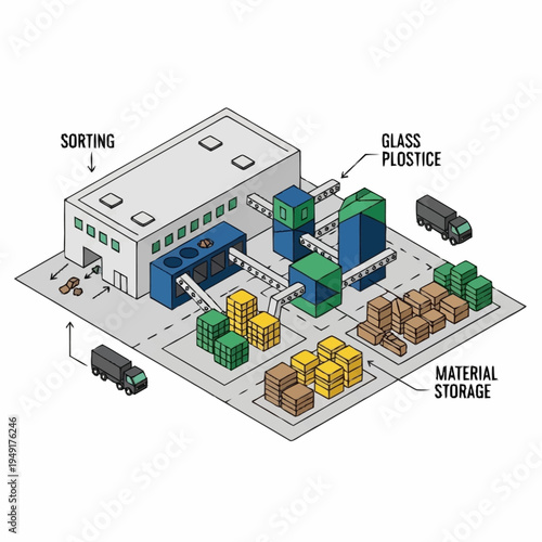 Isometric view of a modern recycling plant with sorting and material storage areas.