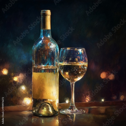 Enjoying a Glass of White Wine Beside an Elegant Bottle on a Table at Night
