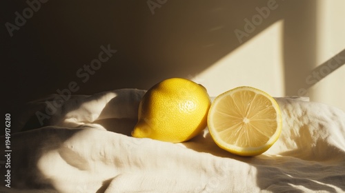 Lemons Placed on White Fabric in Morning Light for Simple Food Composition