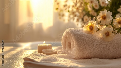 Warm Towels and Candles With Flowers in a Soft Light Setting