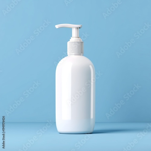 White Bottle With Pump Standing on Blue Surface Against Blue Background