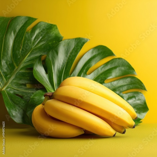 Fresh Bananas and Palm Leaves on a Bright Yellow Background