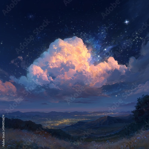 Clouds Light up the Night Sky Over a Quiet Valley With Distant Hills and a Tw...