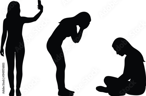 Woman silhouette emotions set, selfie coughing sick sitting sad female expression black vector isolated people illustration collection