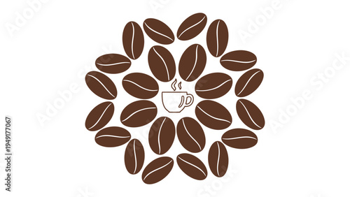 Coffee Bean Pattern with Cup: An artful pattern of roasted coffee beans elegantly frames a steaming cup, symbolizing the rich and aromatic world of coffee