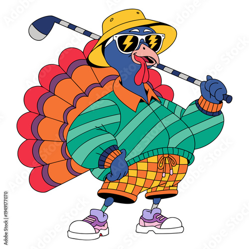 A vibrant and charismatic cartoon turkey sporting a retro-cool aesthetic, complete with a striped polo, yellow bucket hat, and lightning-bolt sunglasses while confidently holding a golf club. 