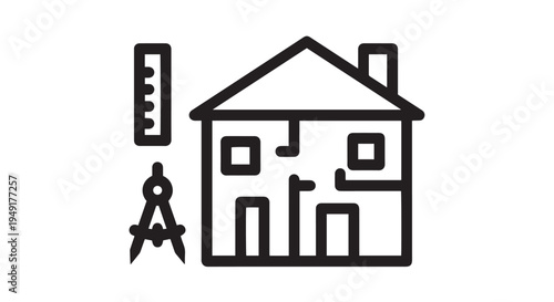 Architectural vector illustration featuring a house outline, ruler, and compass representing building planning and construction design