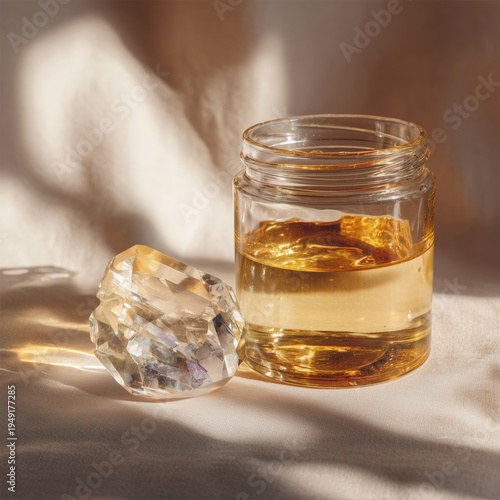 Glass Jar With Yellow Liquid and Crystal Sitting on Fabric in Soft Light Duri...