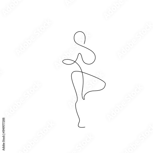 Continuous Line Drawing of Woman Practicing Yoga Tree Pose on White Background
