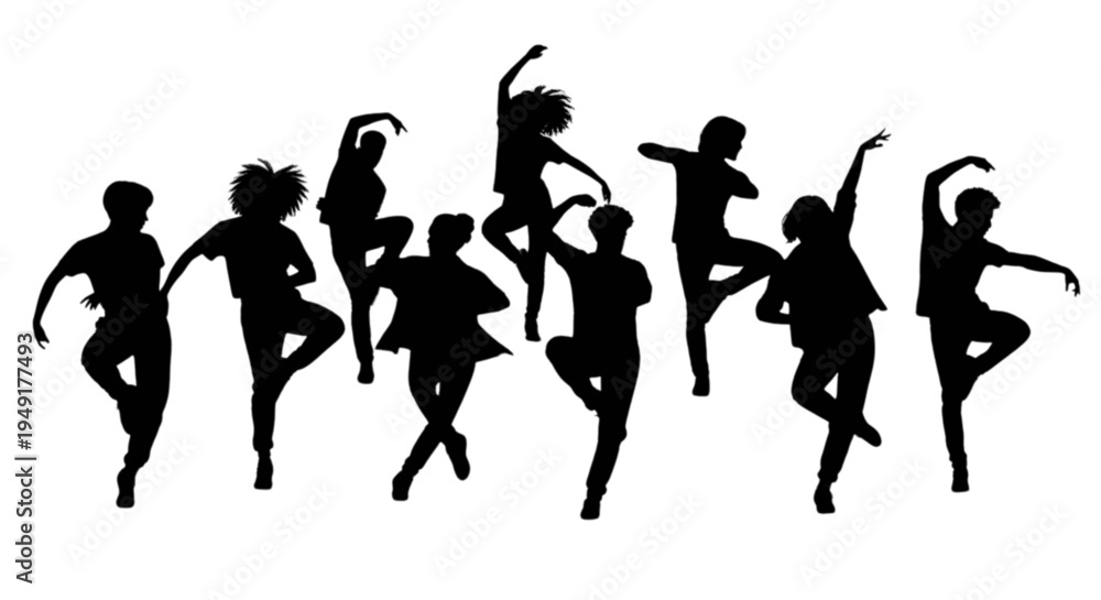 Fototapeta premium Dynamic silhouettes of dancers in various expressive poses isolated on transparent background, Vector