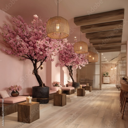 Elegant Interior With Cherry Blossom Trees and Soft Lighting in a Relaxation ...