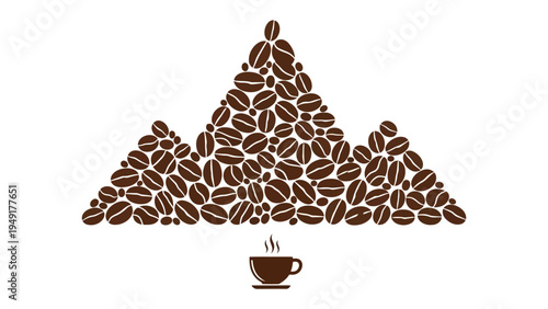 Coffee Mountain: An artistic representation of a mountain range formed by roasted coffee beans, with a steaming cup of coffee placed below, symbolizing the essence of coffee culture.